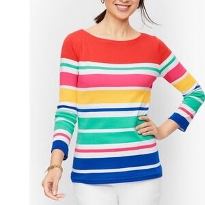 Talbots Plus 2X Rainbow Striped Boat Neck 3/4 Sleeve Cotton Blend Top Multicolor